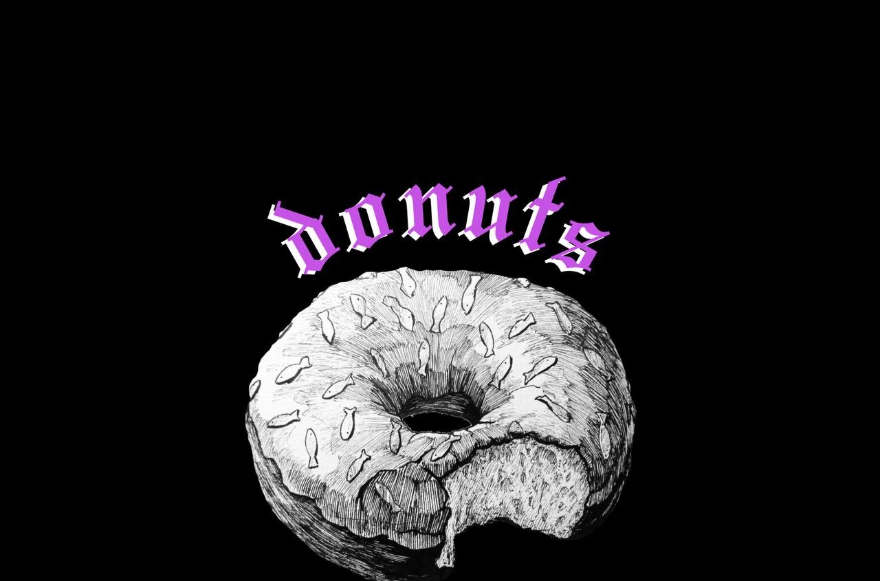 Desain poster promosi donat dengan ilustrasi tangan dan tipografi custom
